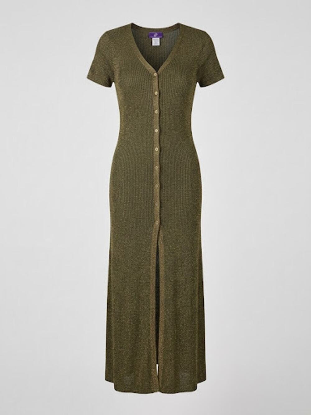 Mucha Gold Metallic Ribbed Knit Button Front Maxi Dress Boho High Slit Witchy